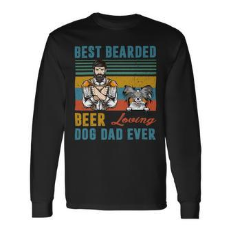 Beer Best Bearded Beer Loving Dog Dad Ever Papillon Dog Lover Long Sleeve T-Shirt - Monsterry