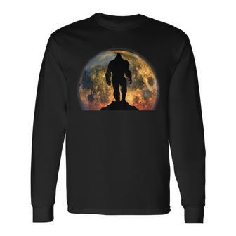 Bigfoot Believer Full Red Moon Night Sasquatch Long Sleeve T-Shirt - Monsterry UK