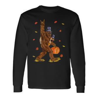 Bigfoot Pilgrim Turkey Pumpkin Thanksgiving Sasquatch Men Long Sleeve T-Shirt - Seseable