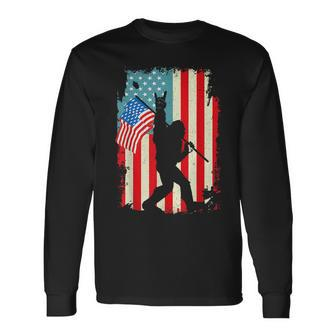 Bigfoot Rock And Roll Usa Flag Fourth 4Th Of July Long Sleeve T-Shirt - Monsterry