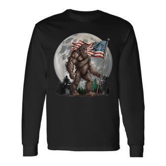 Bigfoot Sasquatch American Flag Full Moon Patriotics Long Sleeve T-Shirt - Seseable