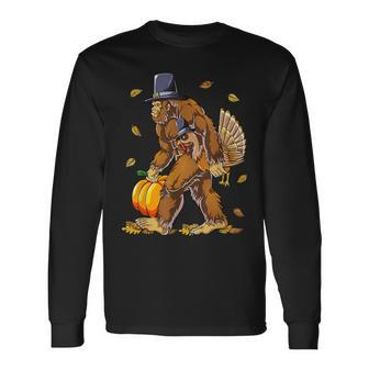 Bigfoot Turkey Pumpkin Thanksgiving Day Boys Men Long Sleeve T-Shirt - Monsterry