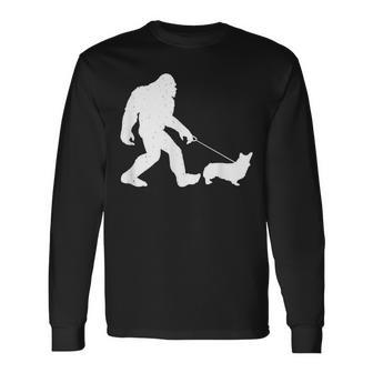 Bigfoot Walking Corgi Dog Long Sleeve T-Shirt | Mazezy