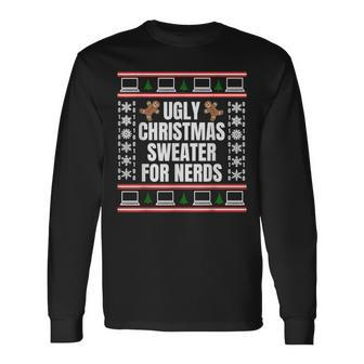 Binary Ugly Christmas Sweater For Nerds Showing Laptops Long Sleeve T-Shirt - Monsterry DE
