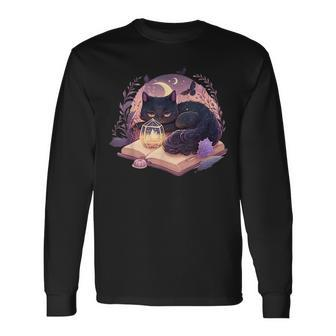 Black Cat Witchy Spellbook Spooky Halloween Magic Aesthetic Long Sleeve T-Shirt T-Shirt | Mazezy
