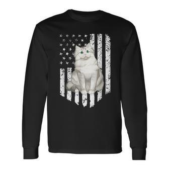 Black White American Flag Ragamuffin 4Th Of July Cat Long Sleeve T-Shirt | Mazezy