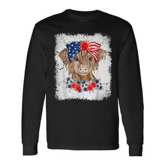 Bleached 4Th Of July Long Haired Calf Usa Patriotic Cow Long Sleeve T-Shirt - Seseable