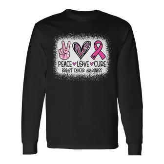 Bleached Peace Love Cure Leopard Breast Cancer Awareness Long Sleeve T-Shirt - Seseable