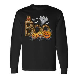 Boo Creepy Owl Pumpkin Ghost Halloween Costume Long Sleeve T-Shirt | Mazezy