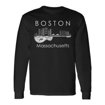 Boston Souvenir Men Massachusetts Skyline Music Guitar Long Sleeve T-Shirt - Seseable