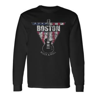 Boston Souvenir Vintage American Flag Guitar Player Rock Fan Long Sleeve T-Shirt - Seseable