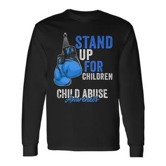 Boxing Child Abuse Prevention Awareness Boxing Gloves Blue Ribbon Long Sleeve T-Shirt - Monsterry UK