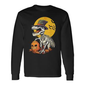 Boys Creepy Skeleton Dinosaur T Rex Halloween Long Sleeve T-Shirt - Seseable