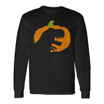 Boys Halloween Pumpkin T-Rex Dinosaur Silhouette Long Sleeve T-Shirt - Thegiftio UK