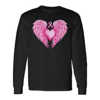 Breast Cancer Awareness Warrior Pink Ribbon Heart Wings Long Sleeve T-Shirt - Seseable