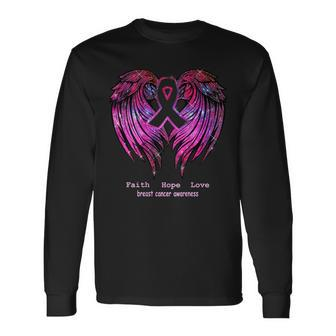 Breast Cancer Faith Hope Love Wings Awareness Back Long Sleeve T-Shirt | Mazezy
