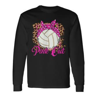 Breast Cancer Ribbon Pink Out Volleyball Pink Ribbon Leopard Long Sleeve T-Shirt - Monsterry
