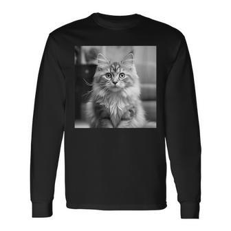British Longhair Cat Cinematic Black And White Photography Long Sleeve T-Shirt | Mazezy