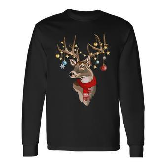 Buck Deer Antlers Christmas Lights Scarf Xmas Party Long Sleeve T-Shirt - Seseable