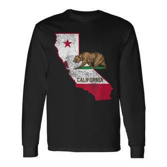 California State Flag And Outline Distressed Long Sleeve T-Shirt | Mazezy
