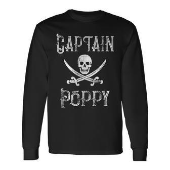 Captain Poppy Retro Personalized Pirate Pontoon Grandpa Long Sleeve T-Shirt T-Shirt | Mazezy