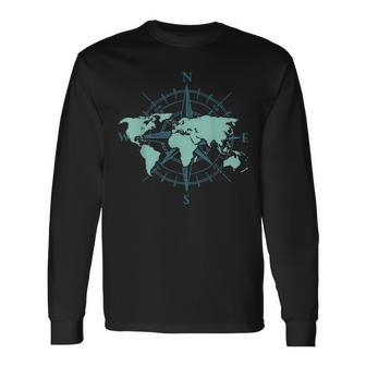 Cartography Traveler Travelling Compass World Map Long Sleeve T-Shirt T-Shirt | Mazezy