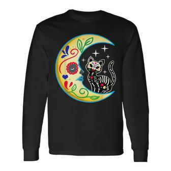 Cat & Moon Sugar Skull Dia De Los Muertos Day Of The Dead Long Sleeve T-Shirt - Seseable