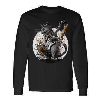 Cat Playing Guitar Rock Cat Heavy Metal Cat Music Cat Long Sleeve T-Shirt - Monsterry UK