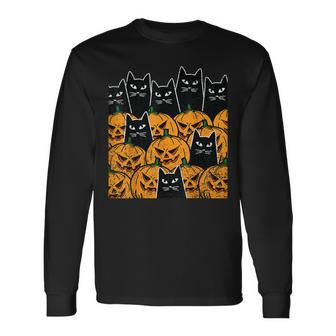 Cat Pumpkin Halloween Costume Spooky Black Animal Long Sleeve T-Shirt - Seseable