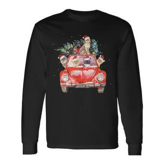 Cat Riding Red Truck Christmas Tree Cat Santa Hat Xmas Long Sleeve T-Shirt | Mazezy