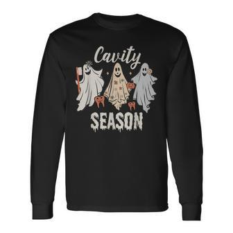 Cavity Season Halloween Dental Ghosts And Toothbrush Long Sleeve T-Shirt - Monsterry