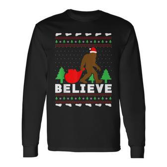 Christmas Believe Bigfoot Ugly Xmas Sweater Long Sleeve T-Shirt | Mazezy