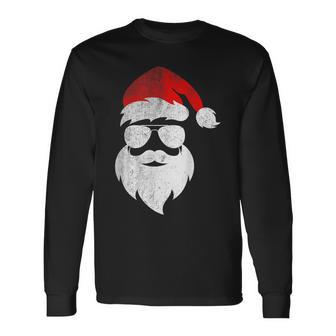 Christmas Santa Claus Face Sunglasses With Hat Beard Long Sleeve T-Shirt - Seseable