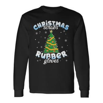 Christmas Scrubs Rubber Gloves Scrub Top Cute Tree Lights Long Sleeve T-Shirt | Mazezy CA