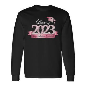 Class Of 2023 Congratulations Graduate Pink Black Outfit Long Sleeve T-Shirt T-Shirt | Mazezy