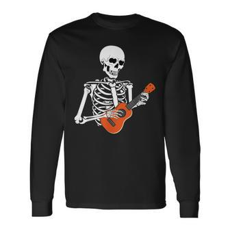 Cool Ukulele Skeleton Playing Guitar Instrument Halloween Long Sleeve T-Shirt - Monsterry