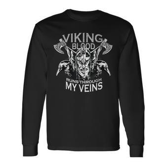 Cool Viking Text Viking Blood Runs Through My Veins Long Sleeve T-Shirt - Seseable