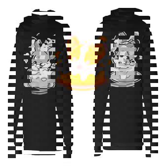 Corgi Celebrates With Birthday Cake Long Sleeve T-Shirt T-Shirt | Mazezy