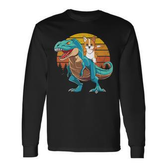 Corgi Dog Riding Dinosaur Rex Boys Girls Retro Sunset Long Sleeve T-Shirt T-Shirt | Mazezy