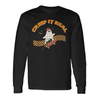 Creep It Real Skateboarding Ghost Halloween Costume Retro Long Sleeve T-Shirt | Mazezy CA