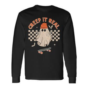 Creep It Real Skateboarding Ghost Retro Halloween Costume Long Sleeve T-Shirt | Mazezy