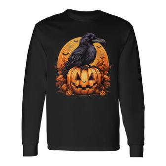 Crow Bird On Pumpkin Crow And Jack O Lantern Halloween Party Long Sleeve T-Shirt | Mazezy