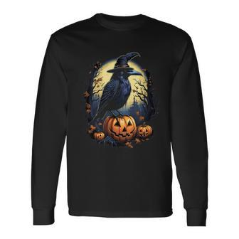 Crow Bird Witch Hat Pumpkins Halloween Costume Long Sleeve T-Shirt - Monsterry AU