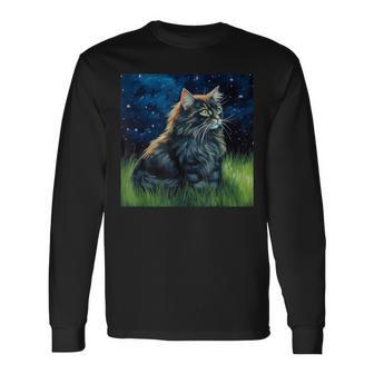 Cute Asian Semi-Longhair Cat In A Starry Sky Night Painting Long Sleeve T-Shirt | Mazezy