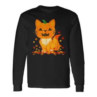 Cute Cat Face Jack O Lantern Pumpkin Halloween Autumn Fall Long Sleeve - Seseable