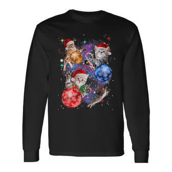 Cute Christmas Cats In Space Ornaments Graphic Long Sleeve T-Shirt | Mazezy