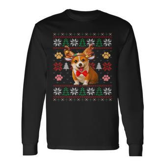 Cute Corgi Dog Reindeer Horns Christmas Ugly Xmas Sweater Long Sleeve T-Shirt - Monsterry