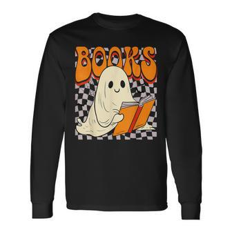 Cute Ghost Read Books Librarian Teacher Halloween Long Sleeve T-Shirt - Monsterry