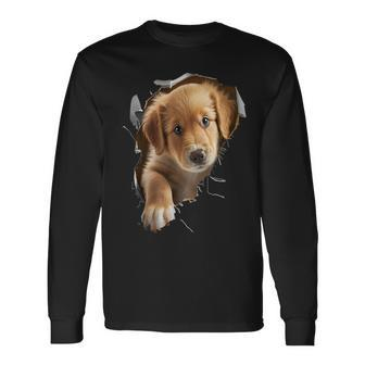 Cute Golden Retriever Puppy Dog Breaking Through Long Sleeve T-Shirt - Monsterry