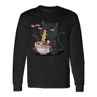 Cute Kawaii Cat Ramen Noodles Anime Black Cat Japanese Long Sleeve T-Shirt - Monsterry